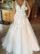 A-line Tulle Long Backless Prom Wedding Dress, V neck Lace Applique Wedding Dress