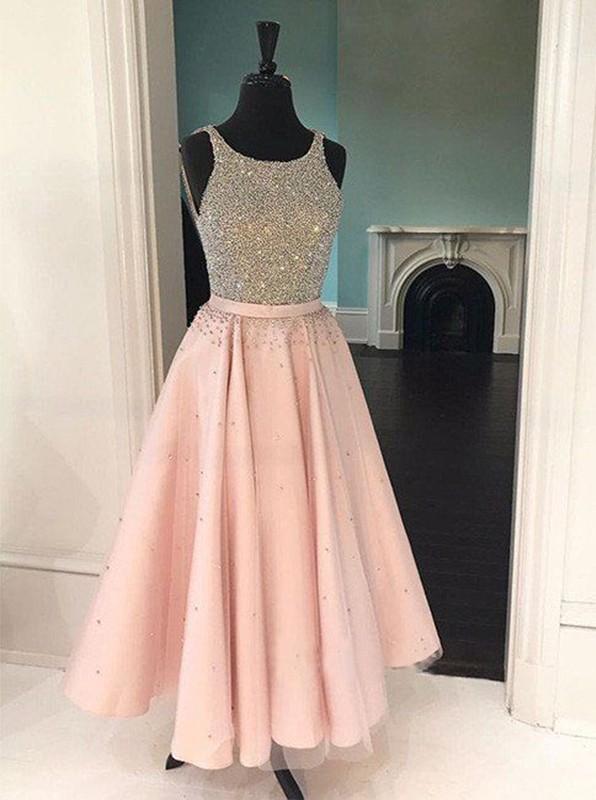 a-line tulle beading scoop tea-length prom dress dtp307
