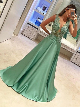 elegant a-line satin appliques beading long prom dress dtp305