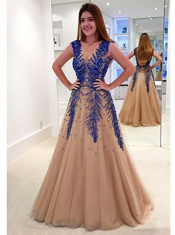 Stunning A-Line V-Neck Backless Tulle Long Prom Dress With Beading