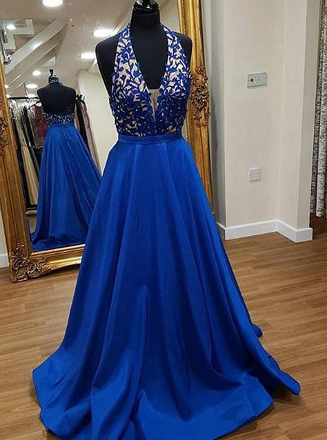 halter plunging neckline appliques satin long prom dress with pockets dtp328