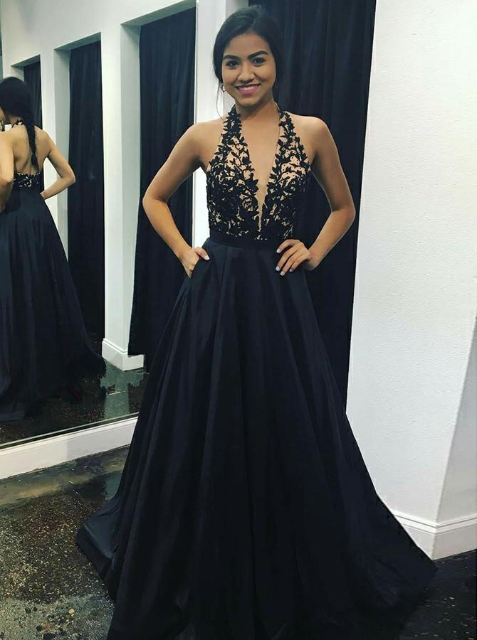 Halter Plunging Neckline Appliques Satin Long Prom Dress with Pockets
