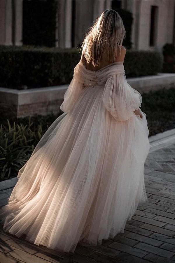 Romantic Appliques Off-Shoulder Tulle Wedding Dress with Long Puff Sleeves