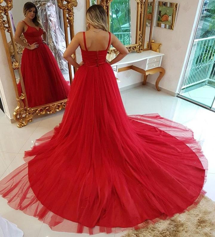 straps formal party dress with beading a-line red tulle long prom dresses dtp1045