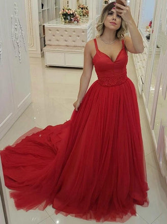 A-line Red Tulle Long Prom Dresses, Straps Formal Party Dress With Beading