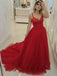 A-line Red Tulle Long Prom Dresses, Straps Formal Party Dress With Beading