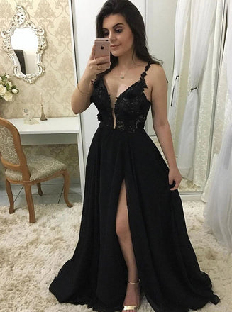 Black Long Prom Dress with Appliques, Sexy Split Black Evening Dress