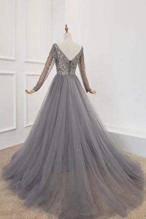 elegant a-line v-neck tulle beading long sleeves silver prom dress dtp1050
