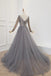 elegant a-line v-neck tulle beading long sleeves silver prom dress dtp1050