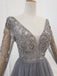 Elegant A-line V-neck Tulle Beading Long Sleeves Silver Prom Dress