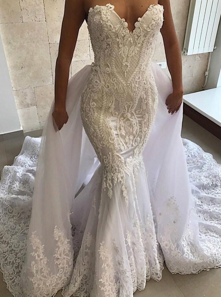 luxurious detachable train mermaid wedding dresses with appliques dtp401