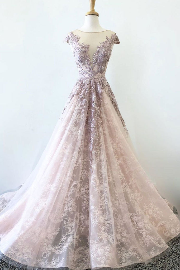 Unique Round Neck Tulle Lace Long Prom Dress With Beading