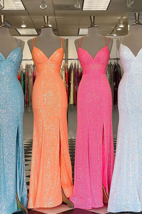 Sequined Backless Spaghetti-straps V Neck Mermaid Long Prom Dresses