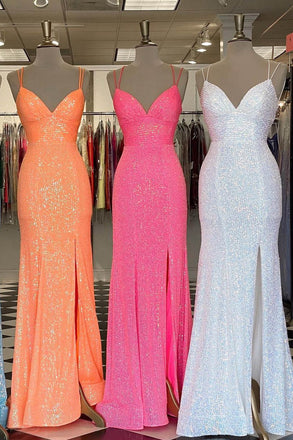 Sequined Backless Spaghetti-straps V Neck Mermaid Long Prom Dresses