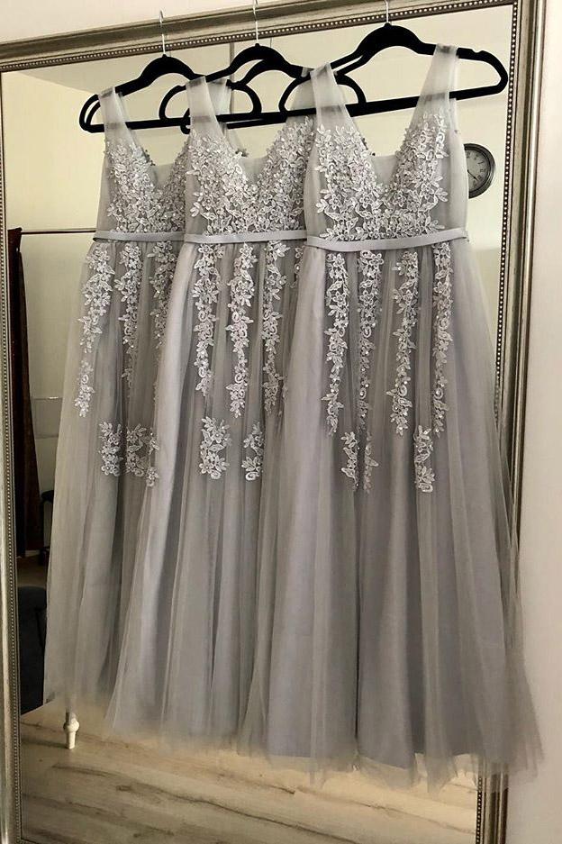 A-Line/Princess V-neck Appliques Gray Long Bridesmaid Dresses DTB22 DressTok.co.uk A-Line/Princess V-neck Appliques Gray Long Bridesmaid Dresses DTB22 DressTok.co.uk