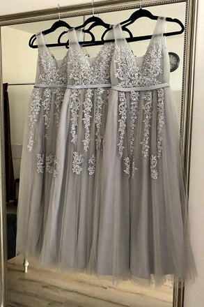 a-line/princess v-neck appliques gray long bridesmaid dresses dtb22