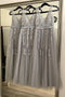 A-Line/Princess V-neck Appliques Gray Long Bridesmaid Dresses