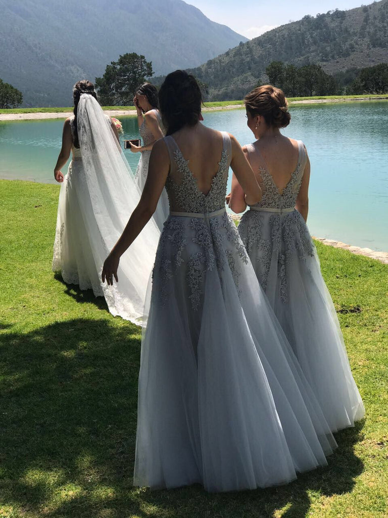 A-Line/Princess V-neck Appliques Gray Long Bridesmaid Dresses