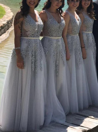 A-Line/Princess V-neck Appliques Gray Long Bridesmaid Dresses