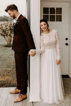 A-Line Round Neck Lace Long Sleeves Chiffon Rustic Wedding Dresses