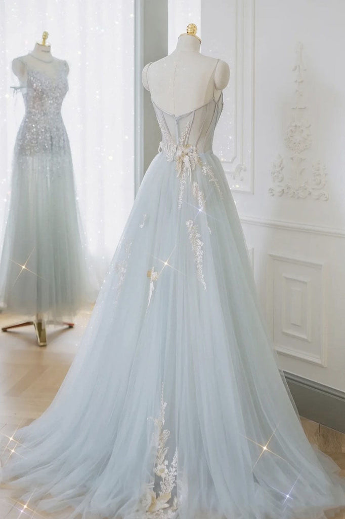 Princess A-line Tulle Long Prom Dress, With Lace Appliques Formal Evening Dress