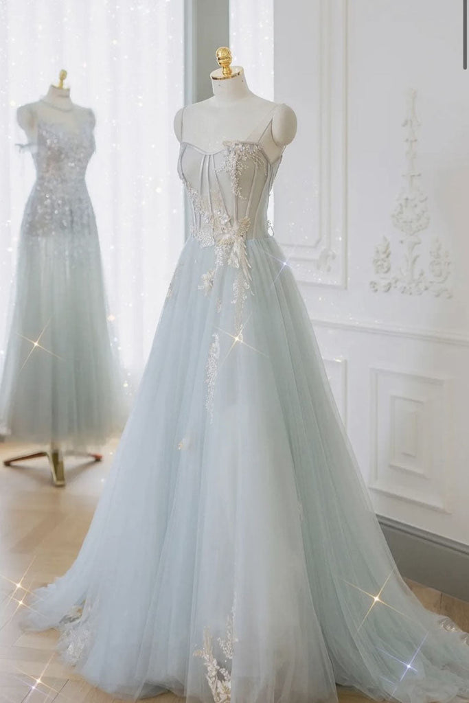 Princess A-line Tulle Long Prom Dress, With Lace Appliques Formal Evening Dress