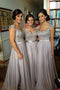 A-Line Chiffon Grey Long Bridesmaid Dresses With Appliques Bodice