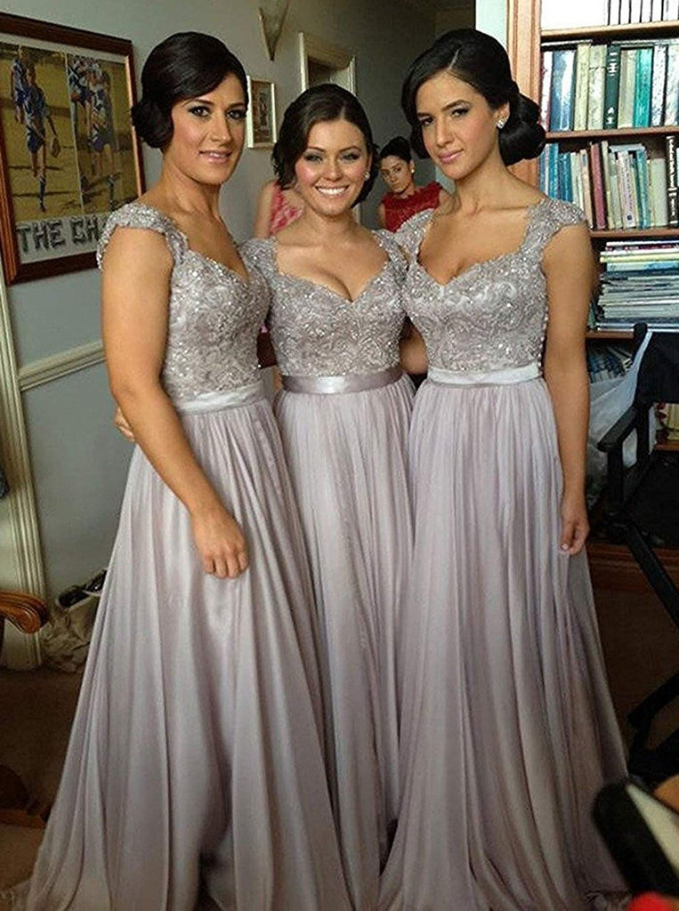A-Line Chiffon Grey Long Bridesmaid Dresses With Appliques Bodice