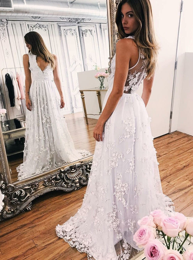 A-Line Illusion Back Boho Beach Wedding Dress with Appliques