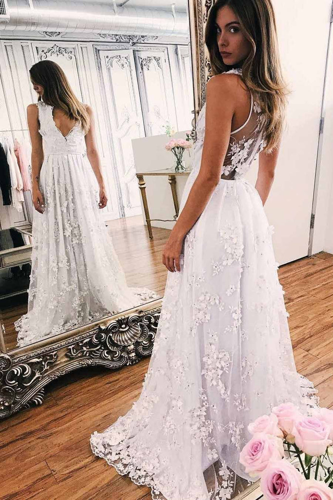 a-line illusion back boho beach wedding dress with appliques dtw196