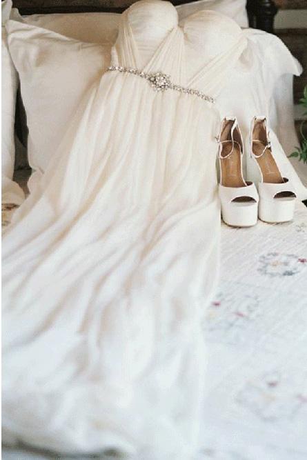 A-Line Off-the-Shoulder Beaded Chiffon Backless Beach Wedding Dress
