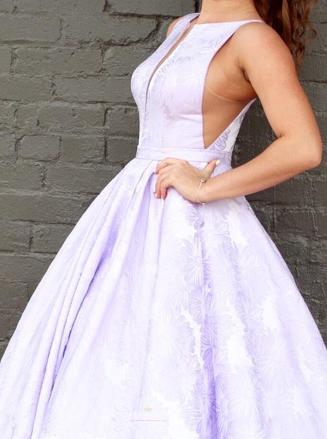 A-Line Bateau Sleeveless Lilac Floral Satin Prom Graduation Dress