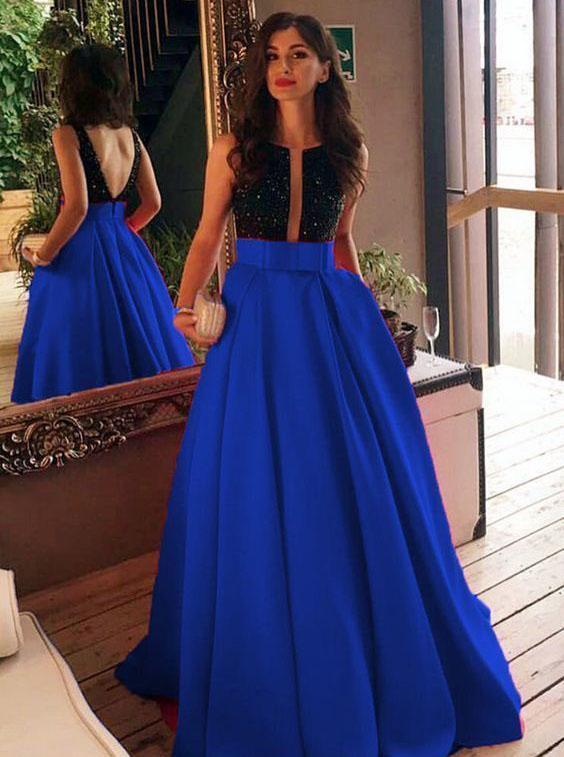 a-line/princess plunging v-neck satin blue prom evening dress dtp384