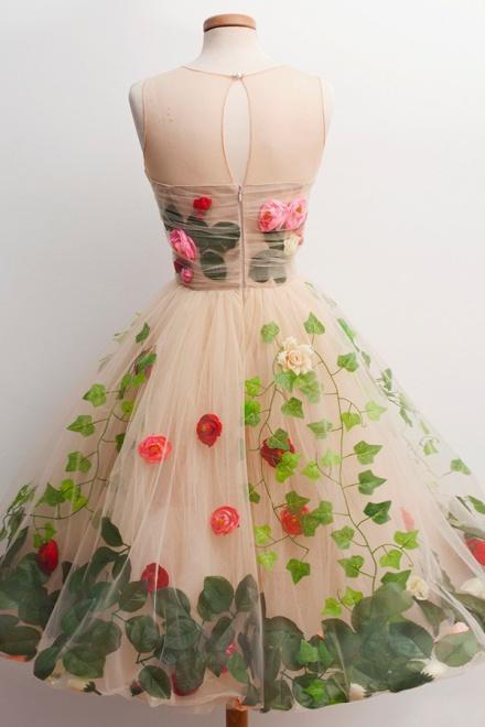 tulle short homecoming dress a-line scoop with 3d florals dtp338