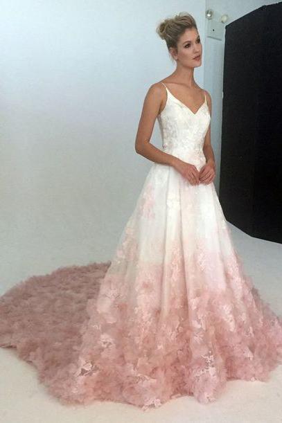 A-Line Spaghetti Straps Ombre Blush Lace Prom Wedding Dresses