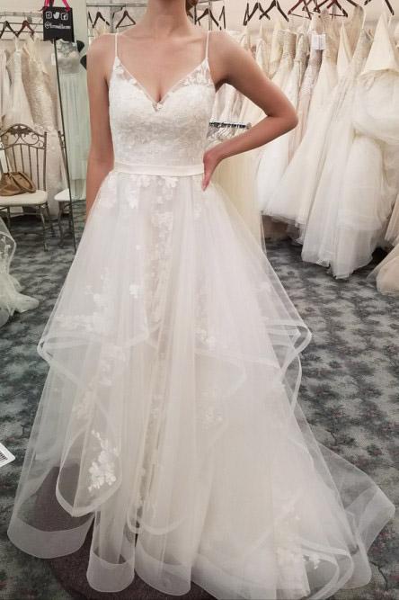 a-line spaghetti straps tiered wedding dress with appliques dtw187