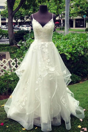 A-Line Spaghetti Straps Tiered Wedding Dress with Appliques