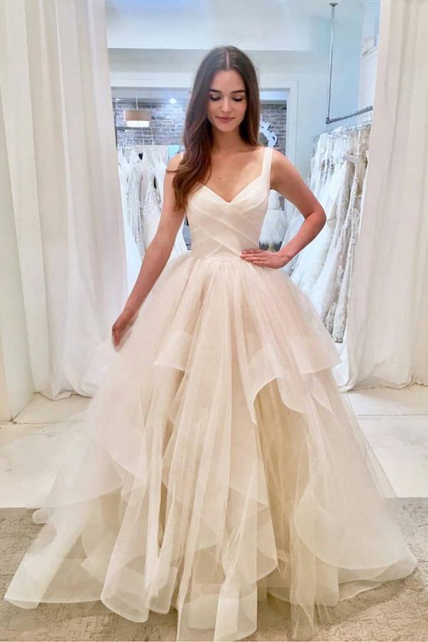 A-Line V-neck Ball Gown Layered Sleeveless Wedding Dress