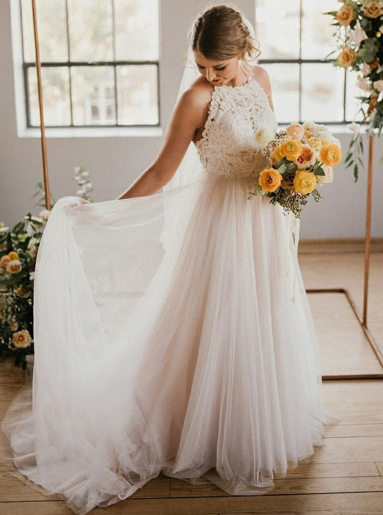 a-line bateau tulle beach wedding dress with lace top dtw109