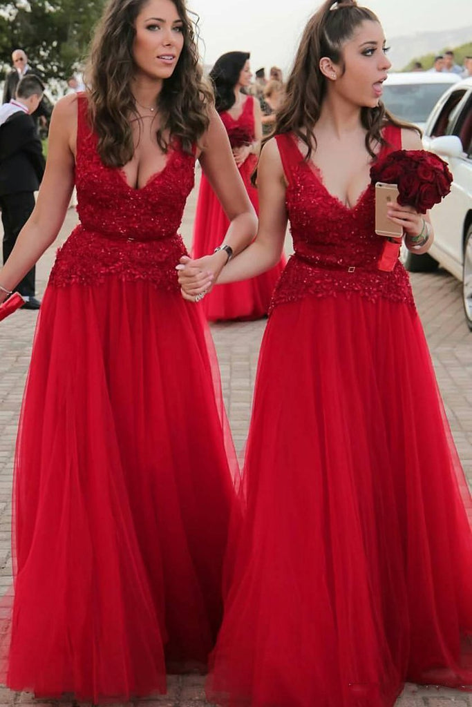 A-Line V-Neck Appliques Beading Tulle Red Long Bridesmaid Dresses