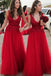 A-Line V-Neck Appliques Beading Tulle Red Long Bridesmaid Dresses
