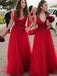 a-line v-neck appliques beading tulle red long bridesmaid dresses dtb25