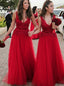 A-Line V-Neck Appliques Beading Tulle Red Long Bridesmaid Dresses