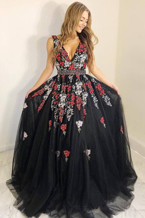 shop a-line v-neck black tulle long prom dress with appliques dtp516