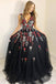 shop a-line v-neck black tulle long prom dress with appliques dtp516