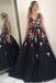 Shop A-Line V-Neck Black Tulle Long Prom Dress with Appliques