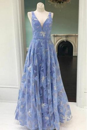 A-Line V-Neck Lace Floral Long Blue Prom Party Dress