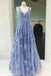 A-Line V-Neck Lace Floral Long Blue Prom Party Dress