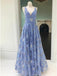 a-line v-neck lace floral long blue prom party dress dtp427