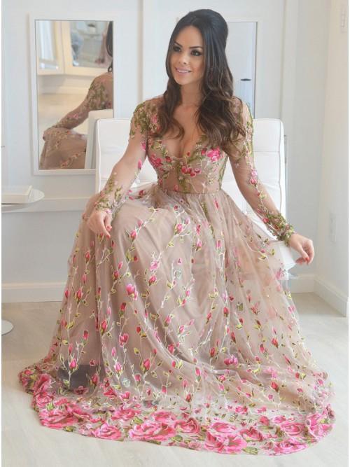 A-Line V-Neck Tulle Long Sleeves Prom Dress with Floral Appliques